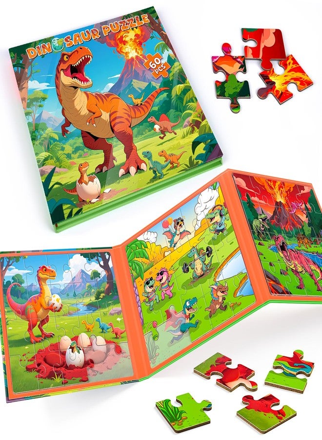 JUANCHI 3x20 Pieces Magnetic Puzzles for Toddlers 3-5, The Growth Journey of Dinosaurs 3 in 1 Puzzles for Kids Ages 4-6, Car Airplane Road Trip Activities Toys for 3 4 5 6 Year Old Birthday - Image 1